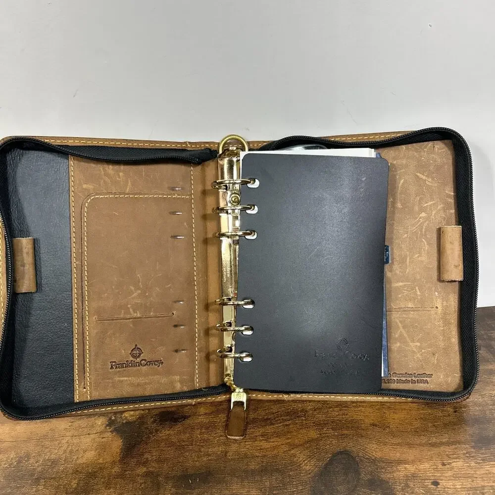 Vintage Franklin Covey 6 Ring Full Grain Leather Classic Brown Zip Planner USA